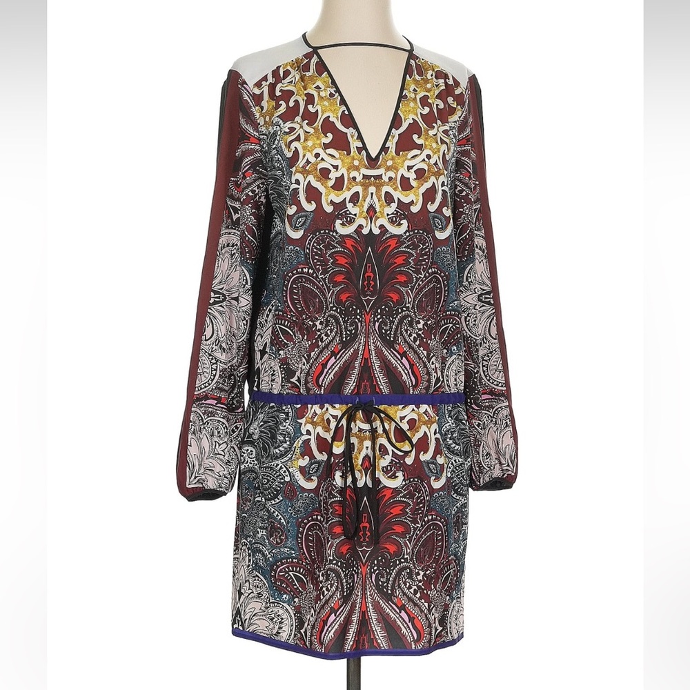 Bohemian V-Neck Long Sleeve Printed Dress in Burgundy